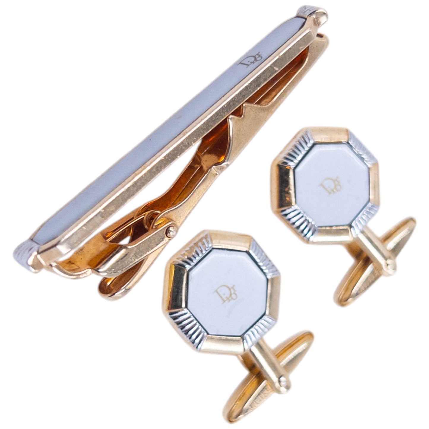 Vintage 90s Dior Embossed Cufflinks & Tie Clip Set