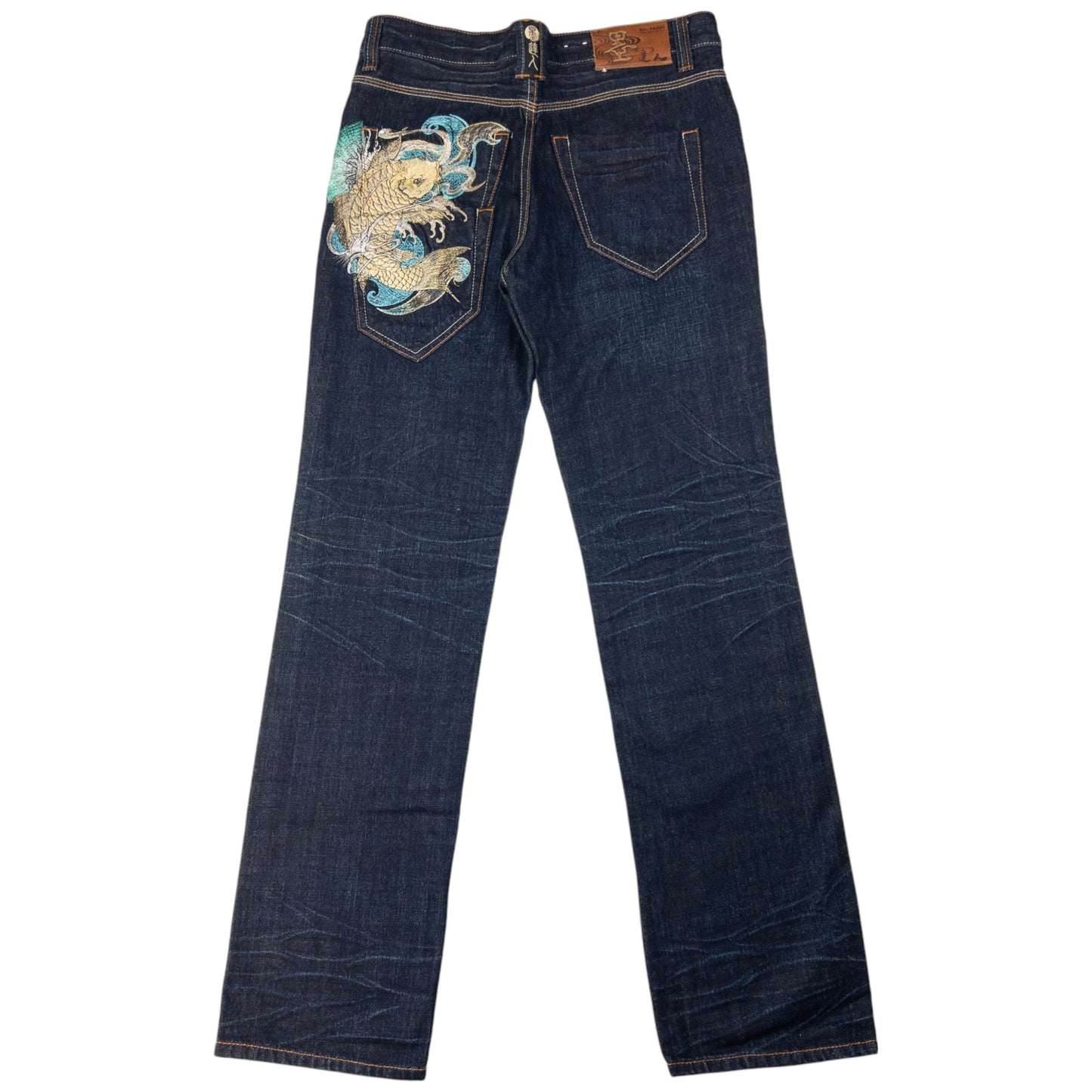 Vintage Big Train Embroidered Koi Fish Japanese Denim Jeans Size W32