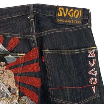 Vintage 2000s Sugoi Embroidered Samurai Geisha Japanese Denim Jeans Size W29