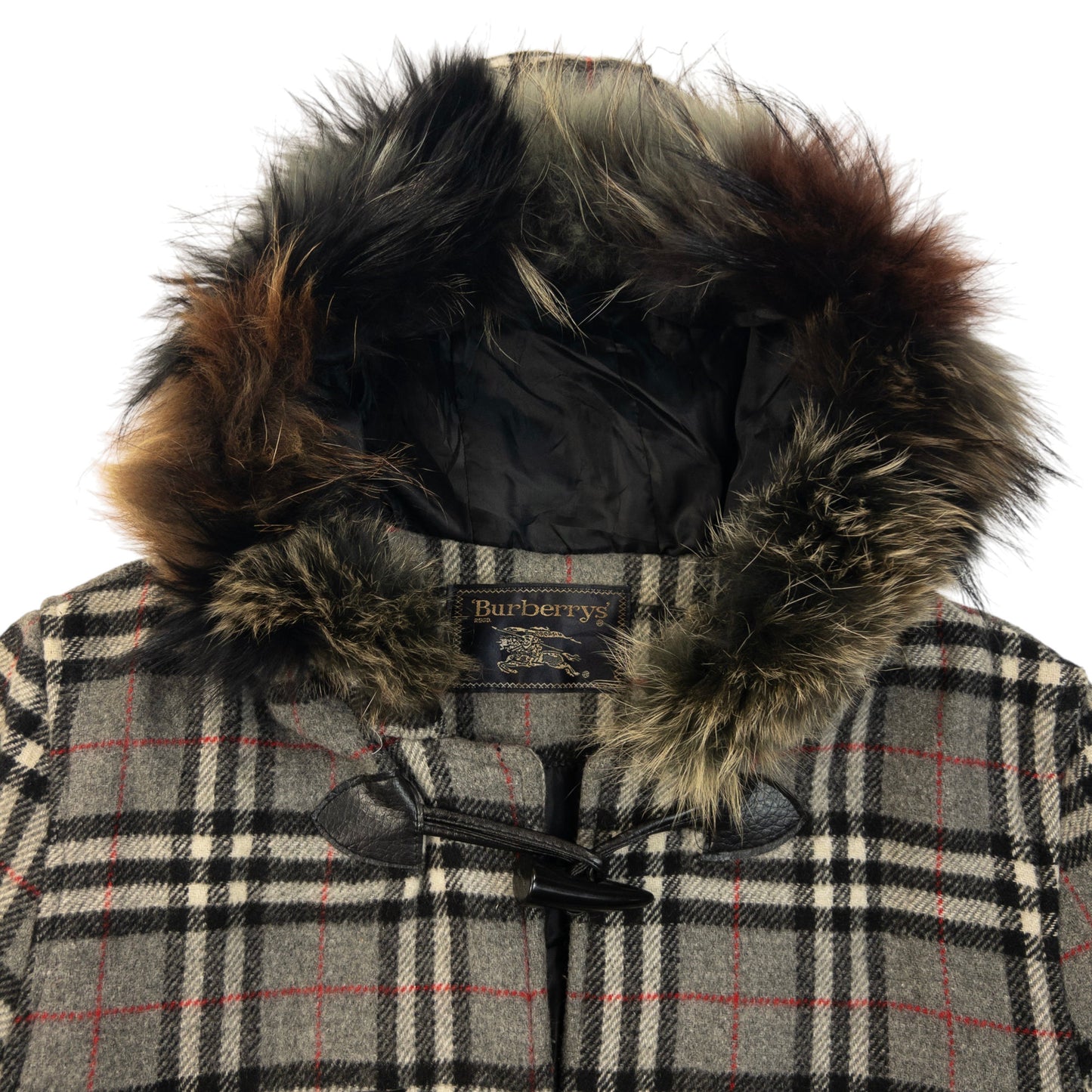 Vintage 90s Burberry Fur Hood Nova Check Wool Duffle Jacket Womens Size M