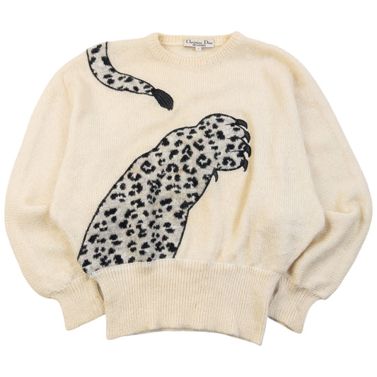 Vintage 90s Dior Leopard Wool Knit Jumper in cream, embroidered leopard paw and tail
