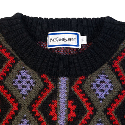 Vintage 80s YSL Yves Saint Laurent Pattern Knit Wool Jumper Size S