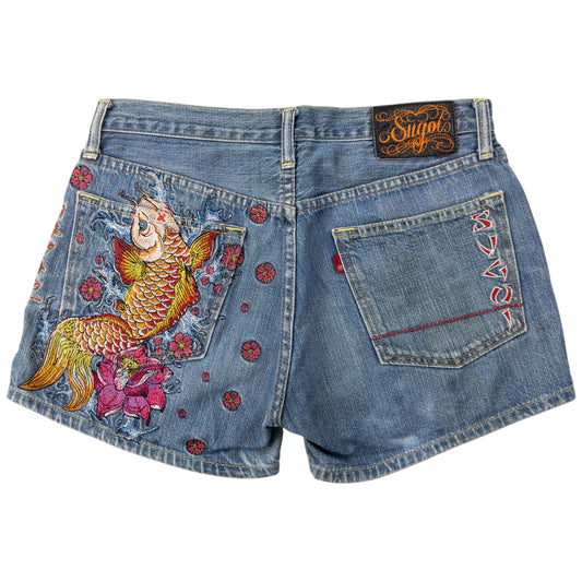 Vintage Sugoi Embroidered Koi Fish Japanese Denim Shorts Womens Size W30