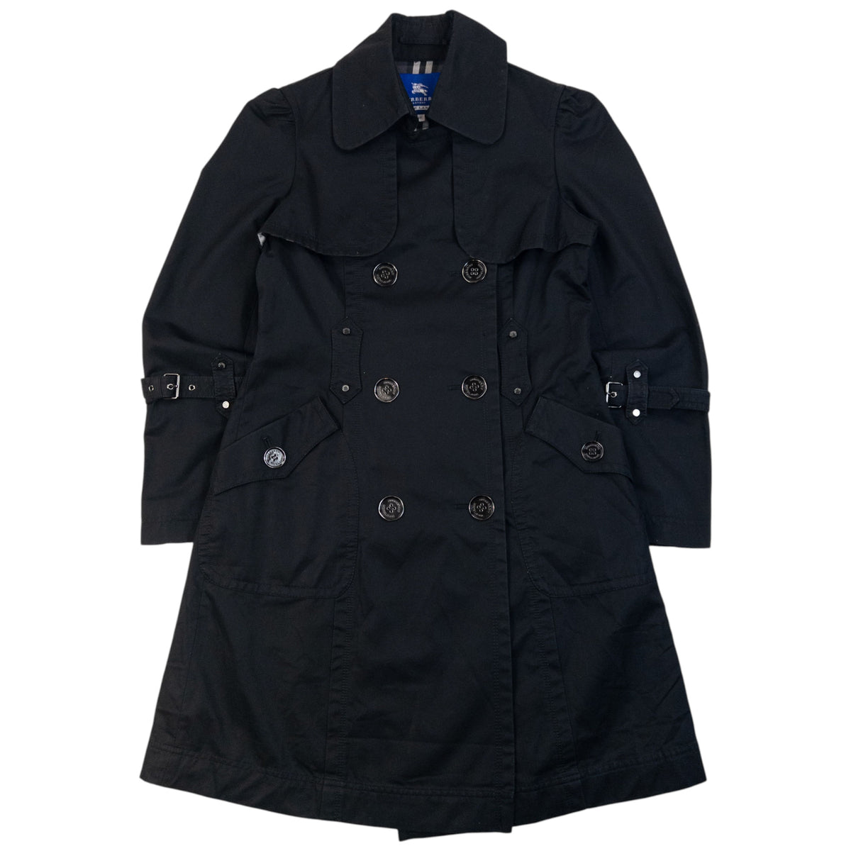 Vintage 2000s Burberry Blue Label Nova Check Lined Trench Jacket in black, embossed fastenings