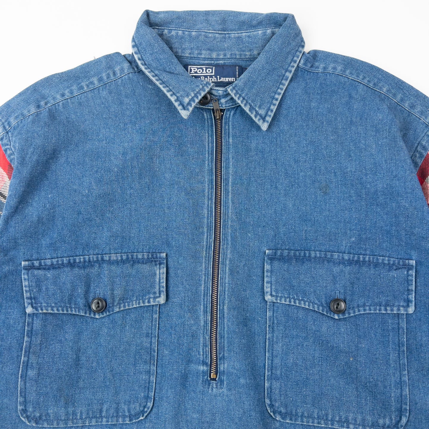 Vintage 90s Polo Ralph Lauren Checkered Sleeve Q Zip Denim Shirt Size XL