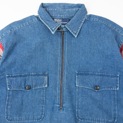 Vintage 90s Polo Ralph Lauren Checkered Sleeve Q Zip Denim Shirt Size XL