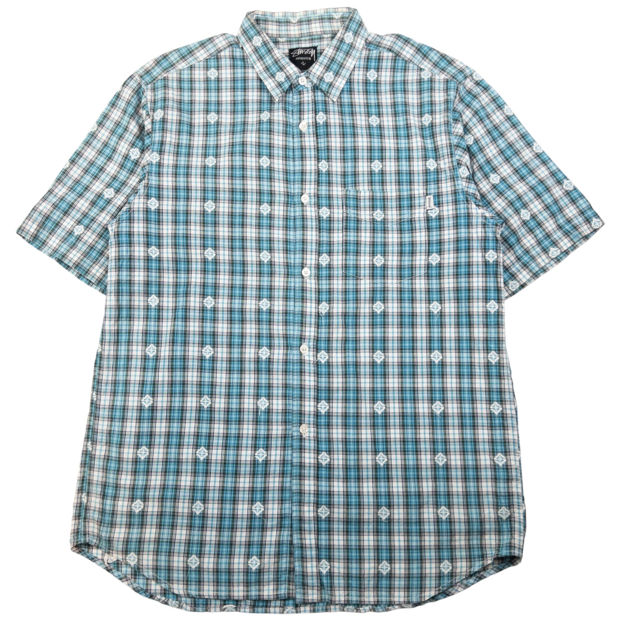 Vintage Stussy Checkered Monogram Short Sleeve Button Up Shirt Size L