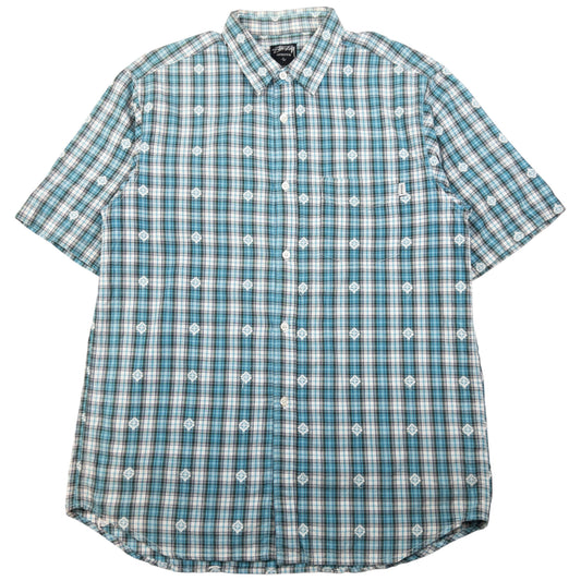 Vintage Stussy Checkered Monogram Short Sleeve Button Up Shirt Size L