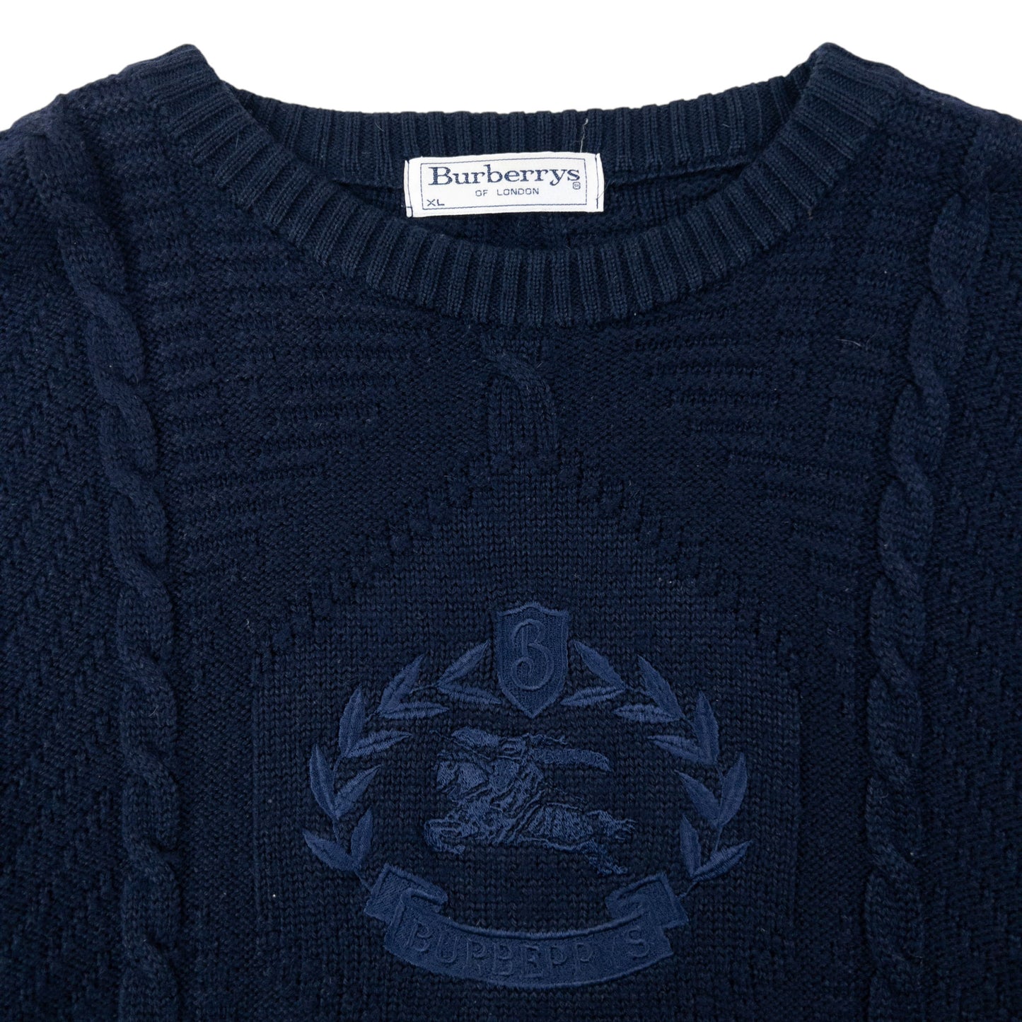 Vintage 90s Burberry Embroidered Wool Cable Knit Jumper Size XL