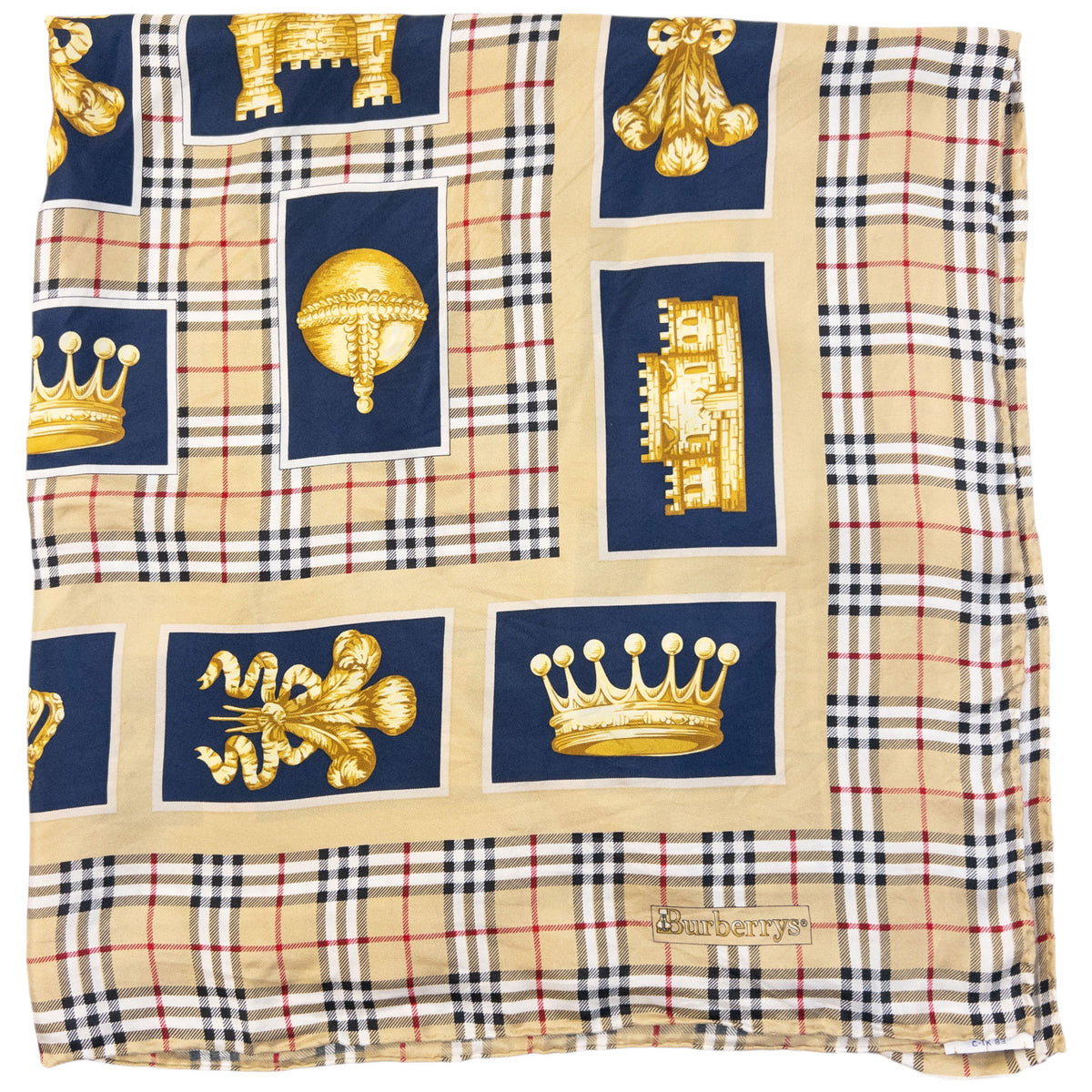 Vintage 80s Burberry Nova Check Royal Print Silk Scarf