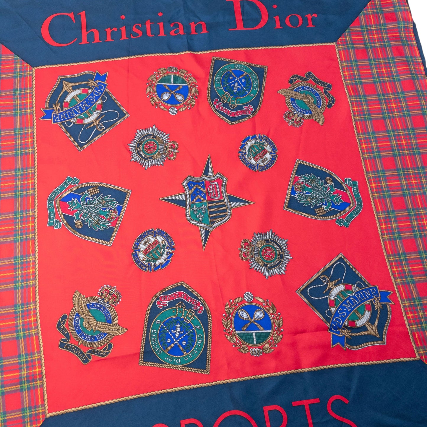 Vintage 90s Dior Tartan Badge Print Silk Scarf