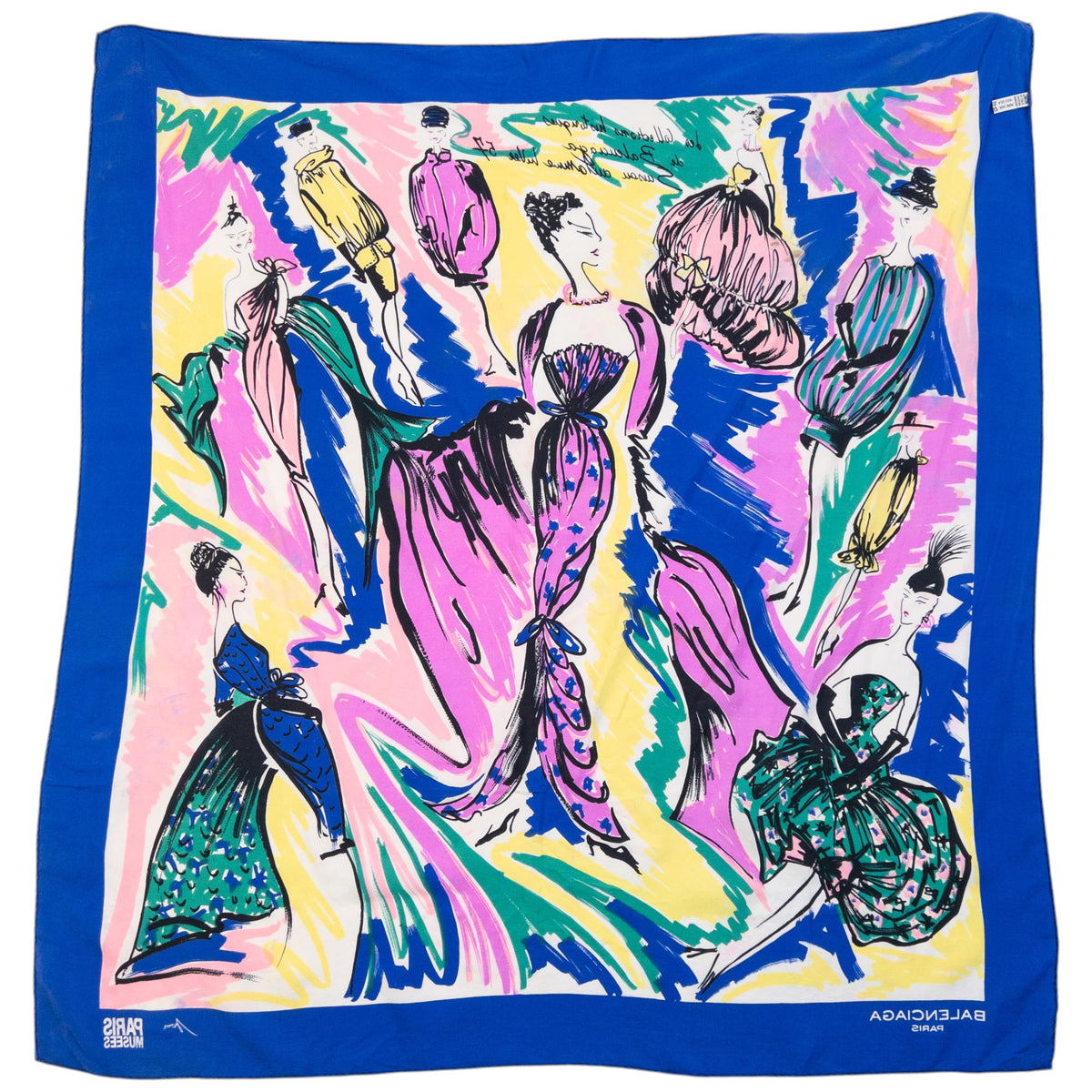 Vintage 90s Balenciaga Paris Musees Illustrated Silk Scarf in blue, photo 4