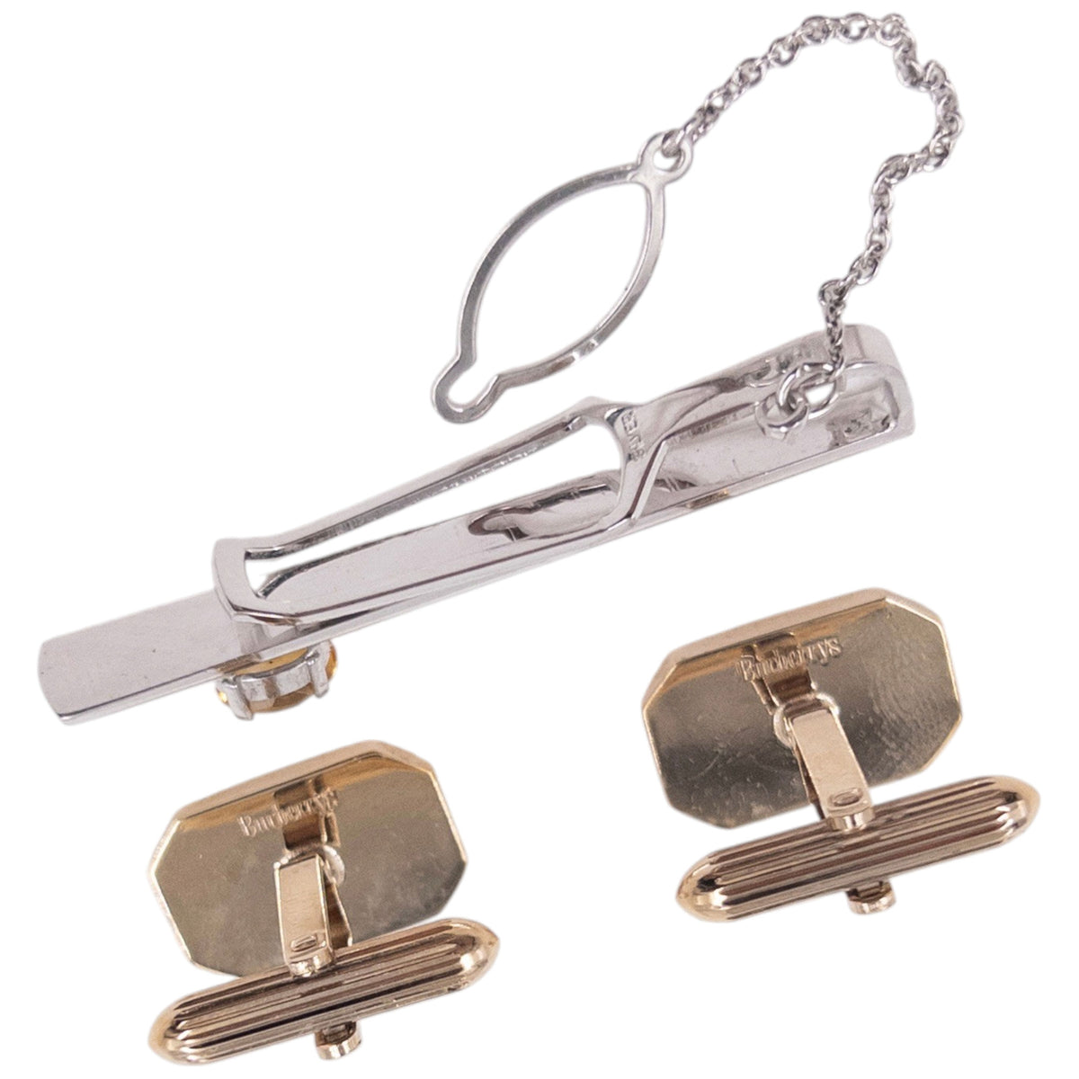 Vintage 90s Burberry Embossed Cufflinks & Gem Tie Clip Set