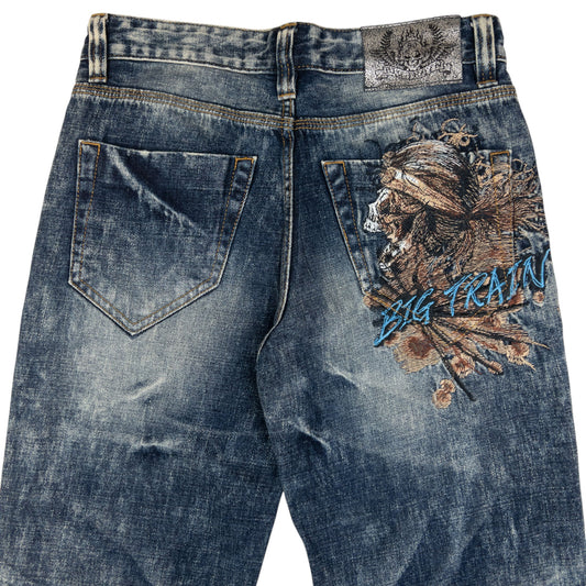 Vintage Big Train Embroidered Pirate Skull Japanese Denim Jeans Size W30