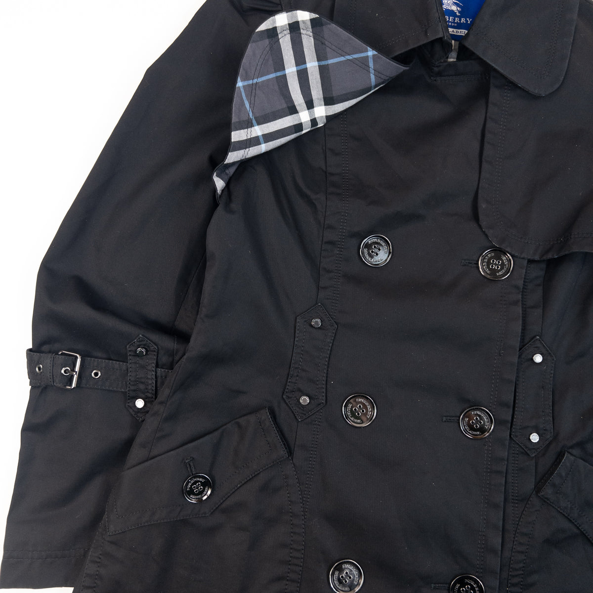 Vintage 2000s Burberry Blue Label Nova Check Lined Trench Jacket in black, photo 7