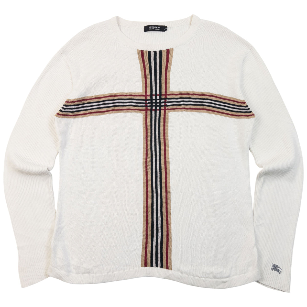 Vintage 2000s Burberry Black Label Nova Check Knit Jumper in white, embroidered cuff detail