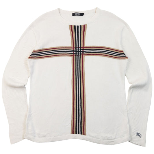 Vintage 2000s Burberry Black Label Nova Check Knit Jumper in white, embroidered cuff detail