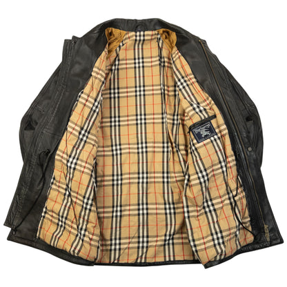 Vintage 90s Burberry Nova Check Lined Leather Jacket Size XL