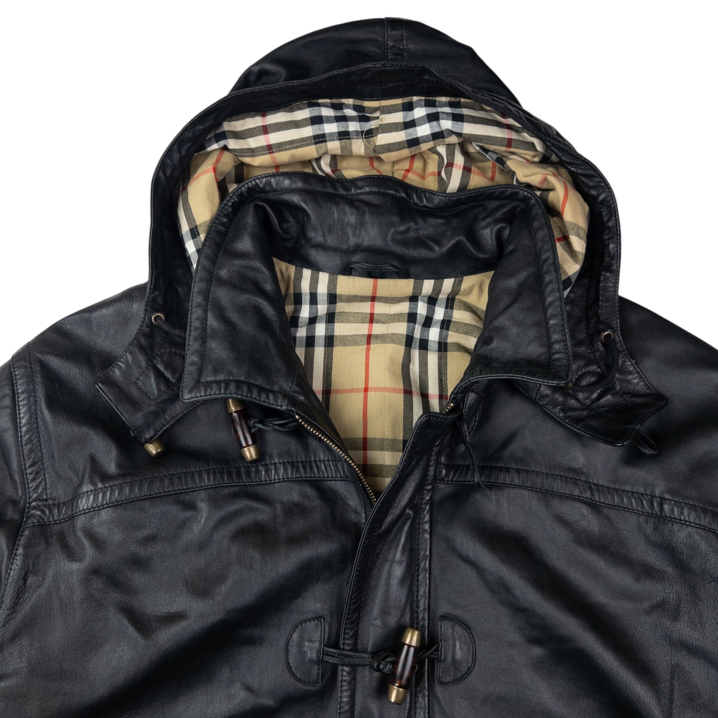 Vintage Burberry Nova Check Lined Leather Duffel Jacket Size XL