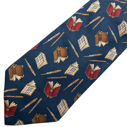Vintage 90s Burberry Book & Pen Pattern Silk Tie