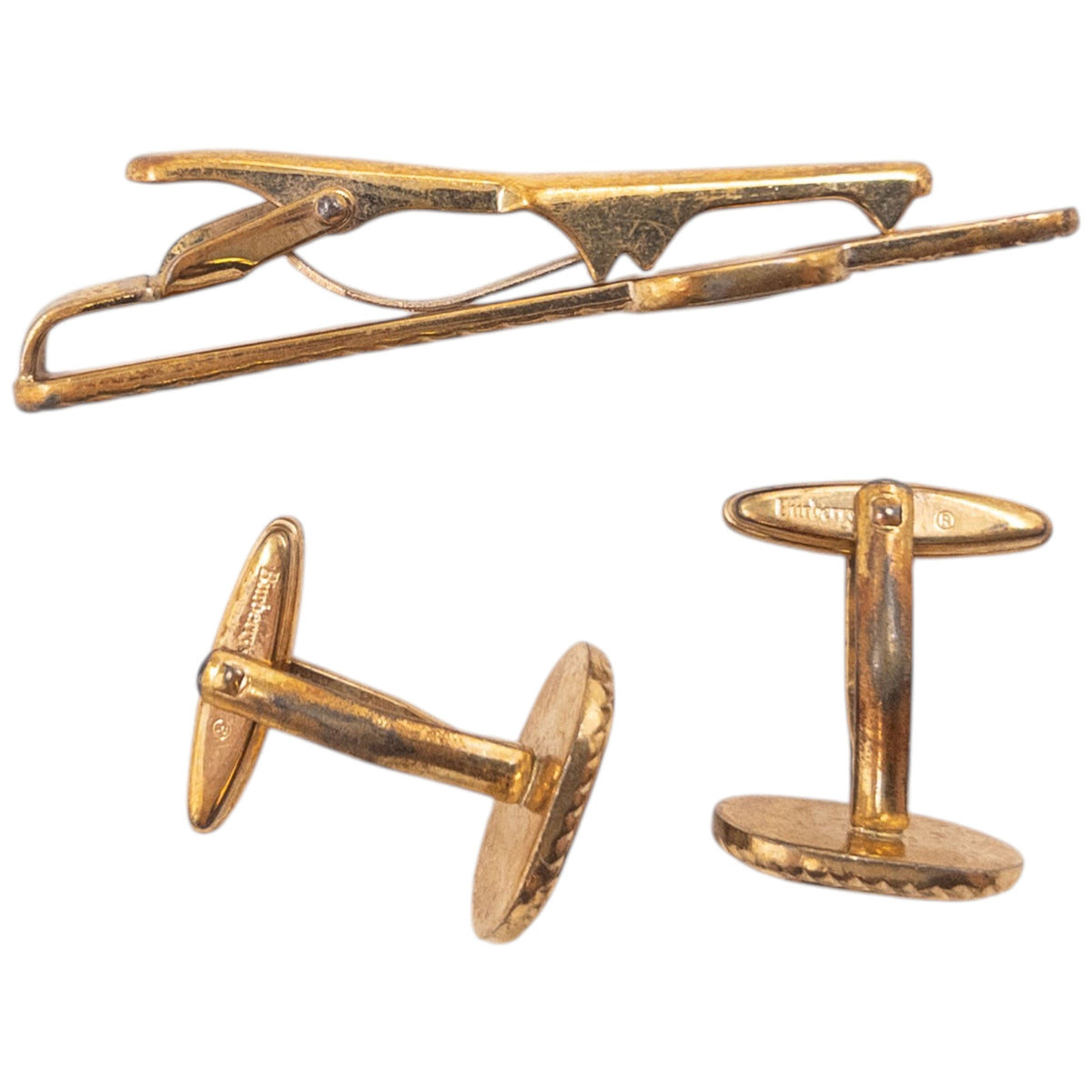 Vintage 90s Burberry Embossed Cufflinks & Tie Clip Set