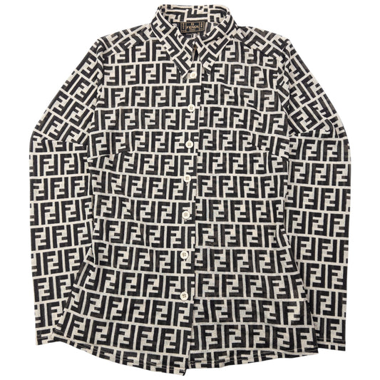 Vintage 90s Fendi Monogram Mesh Sheer Long Sleeve Button Up Shirt Womens Size M