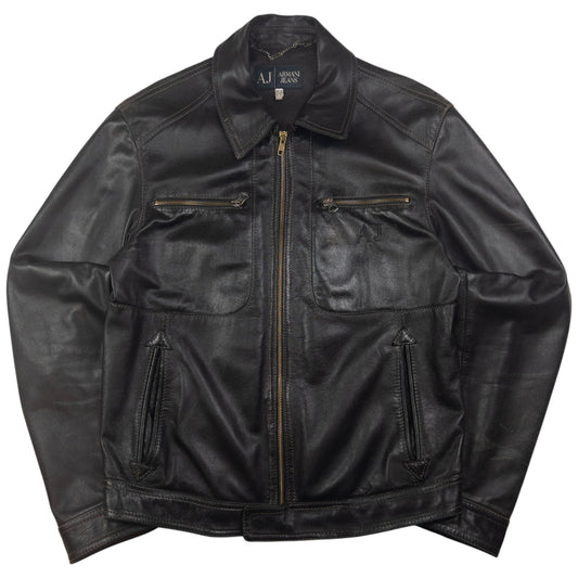 Vintage Armani Jeans Zip Up Leather Jacket Size M