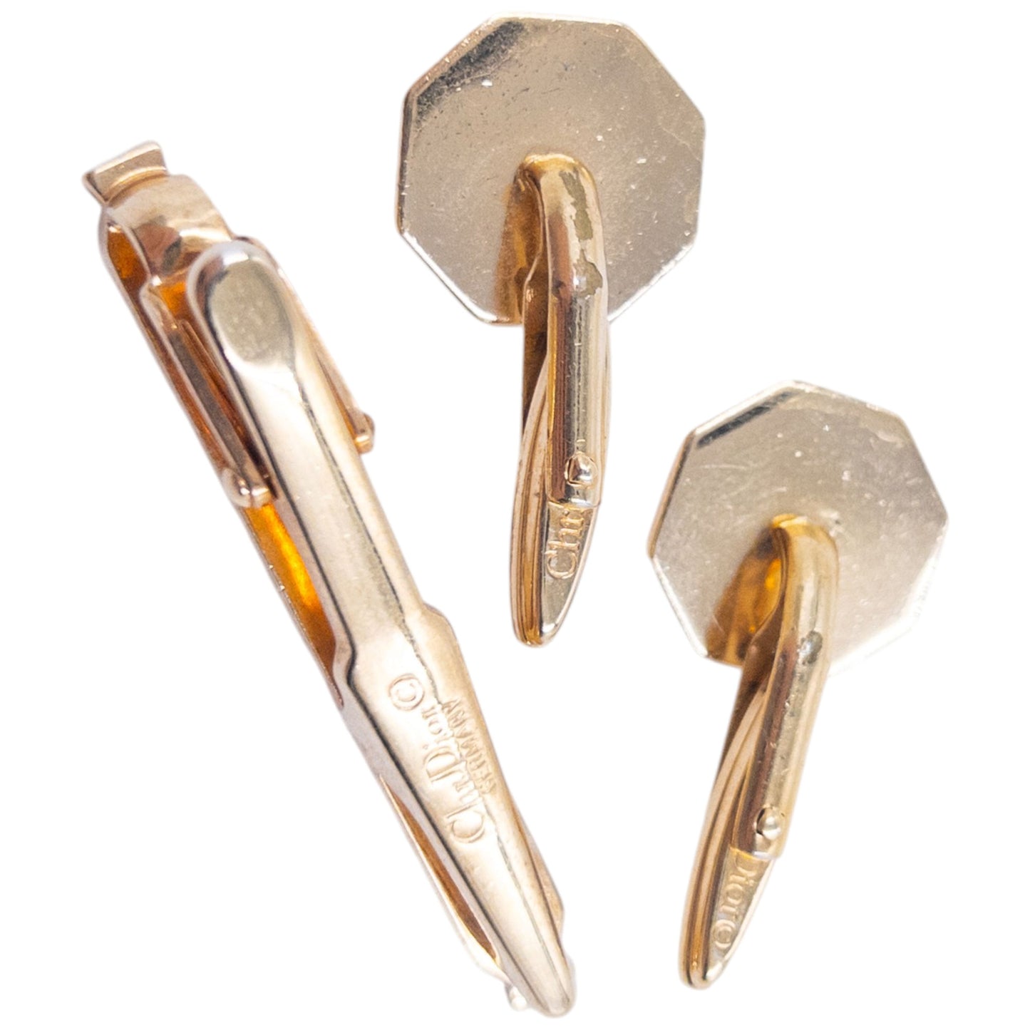 Vintage 90s Dior Embossed Cufflinks & Tie Clip Set