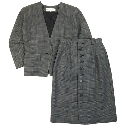 Vintage 90s Dior Checkered Wool Jacket & Skirt Suit Set Womens Size S