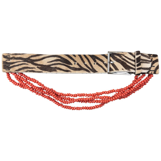 Vintage 90s Gianni Versace Beaded Zebra Striped Pony Hair Belt Size S