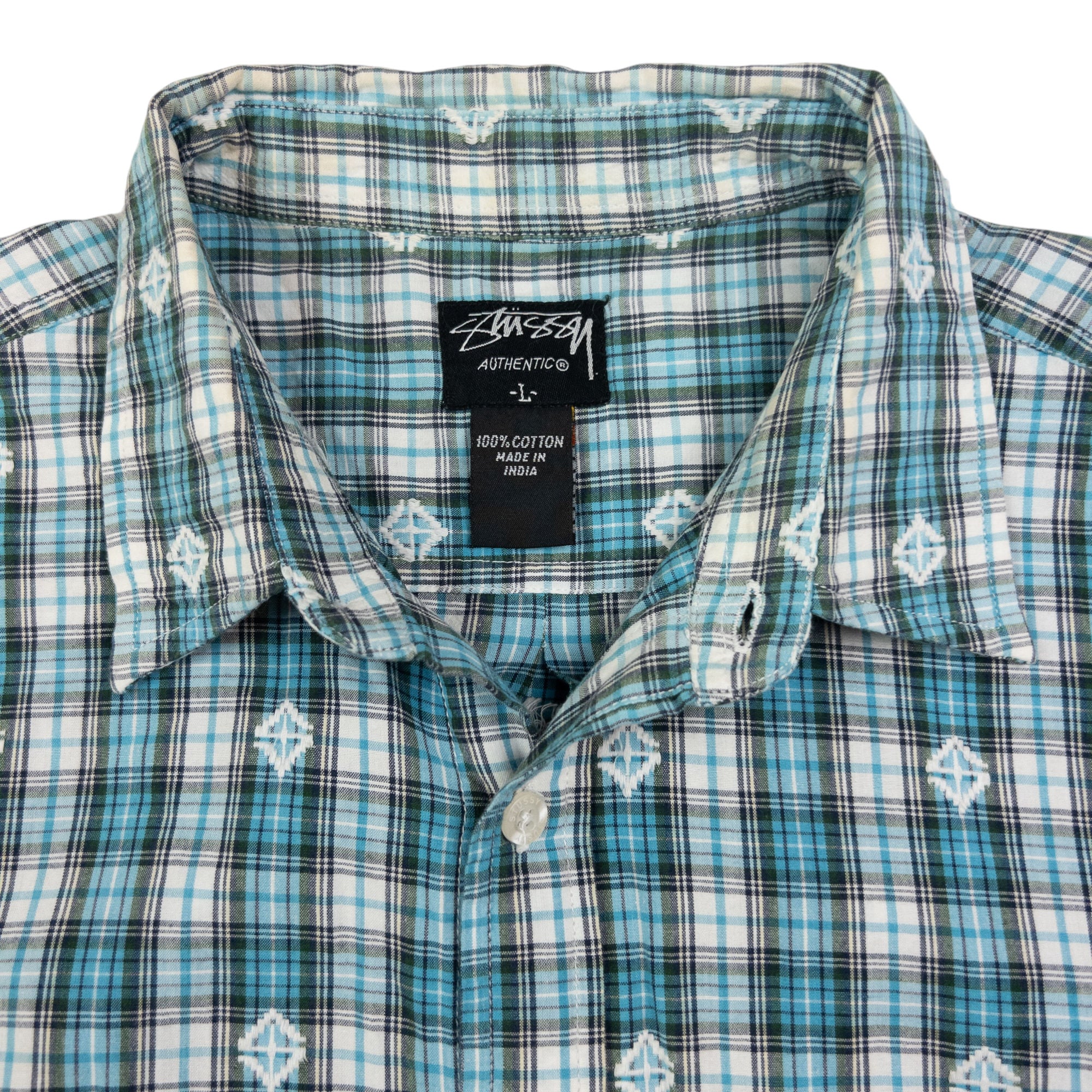 Vintage Stussy Checkered Monogram Short Sleeve Button Up Shirt Size L