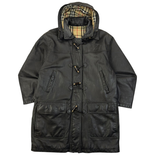 Vintage 2000s Burberry Nova Check Lined Leather Duffle Jacket Size M