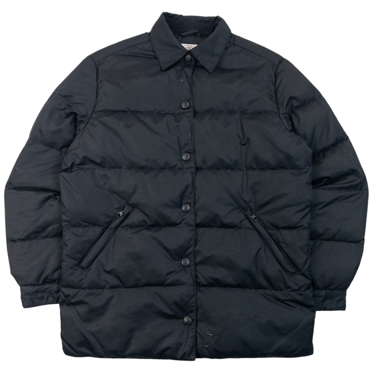 Vintage 90s Armani Jeans Button Up Puffer Jacket in black, padded puffer coat style