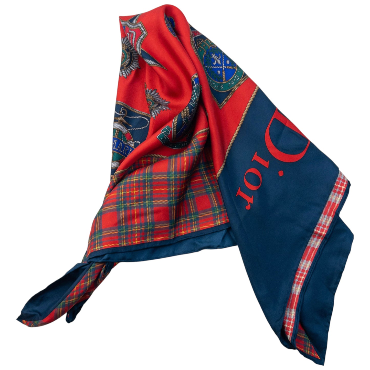 Vintage 90s Dior Tartan Badge Print Silk Scarf