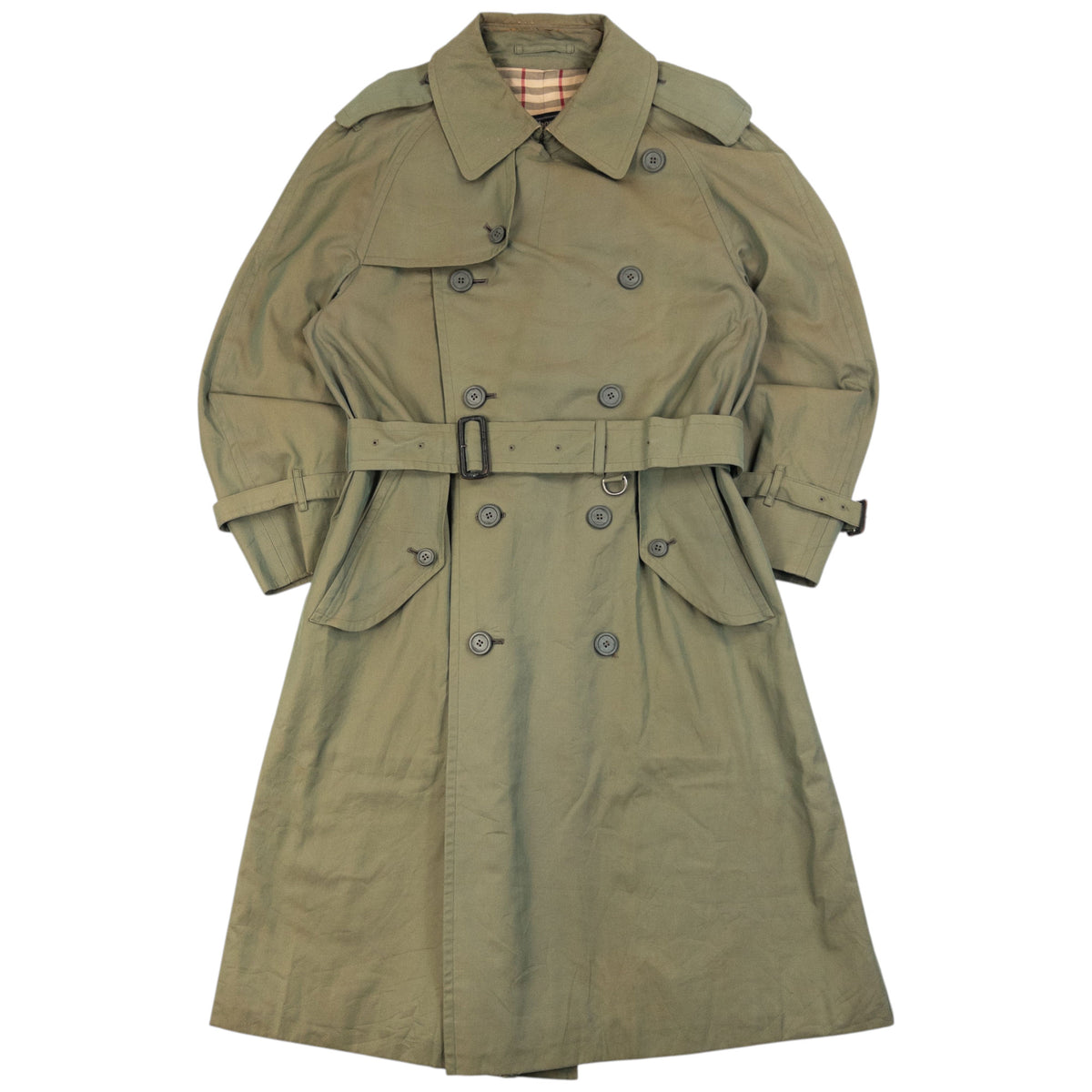 Vintage 90s Burberry Nova Check Lined Belt Waist Trench Jacket in green (cotton), iridescent effect