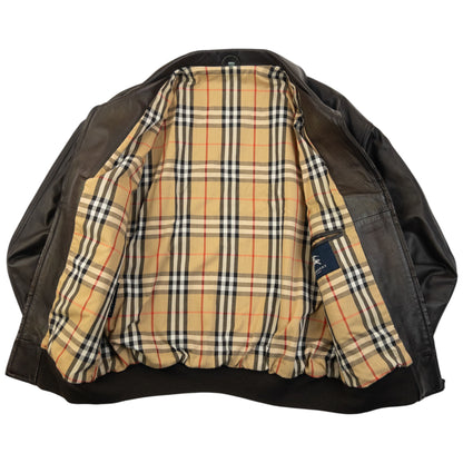 Vintage 2000s Burberry Nova Check Lined Leather Jacket Size XL