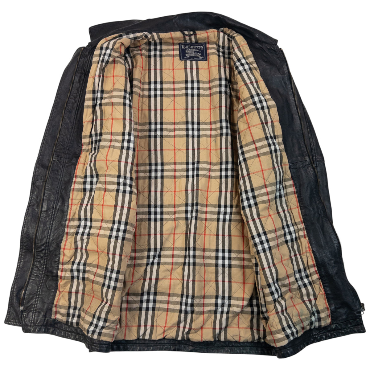 Vintage 90s Burberry Nova Check Lined Leather Duffle Jacket in black, photo 2