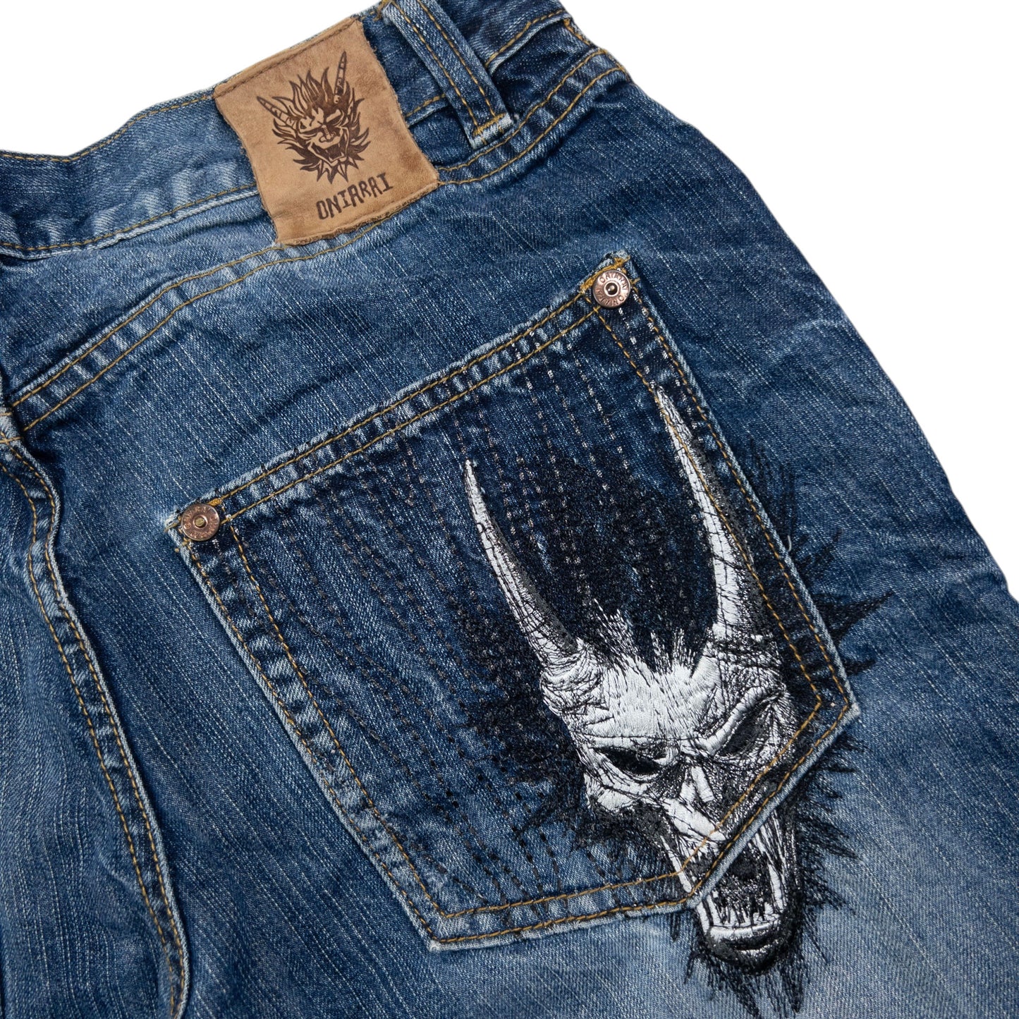Vintage Oniarai Embroidered Monster Japanese Denim Jeans Size W32