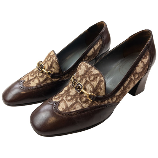 Vintage 90s Dior Monogram Leather Heeled Loafers Womens Size UK6