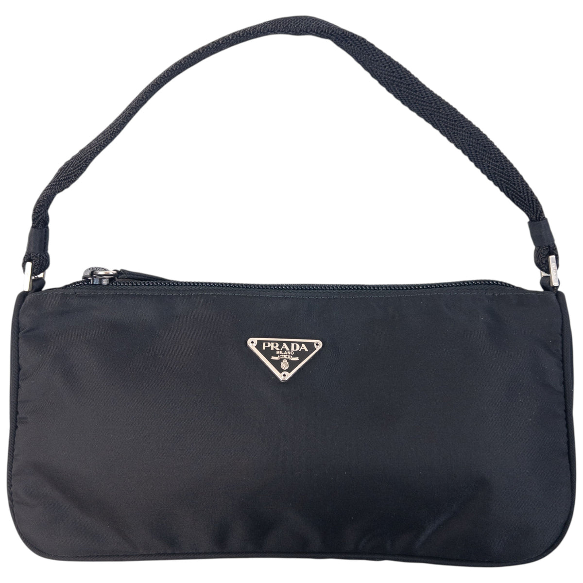 Vintage 2000s Prada Mini Baguette Shoulder Bag in black, prada symbole plate detail