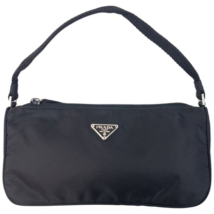 Vintage 2000s Prada Mini Baguette Shoulder Bag in black, prada symbole plate detail
