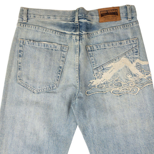 Vintage Big Train Embroidered Patchwork Japanese Denim Jeans Size W33