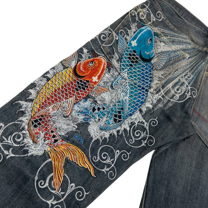 Vintage Sugoi Embroidered Koi Fish Japanese Denim Jeans Size W30