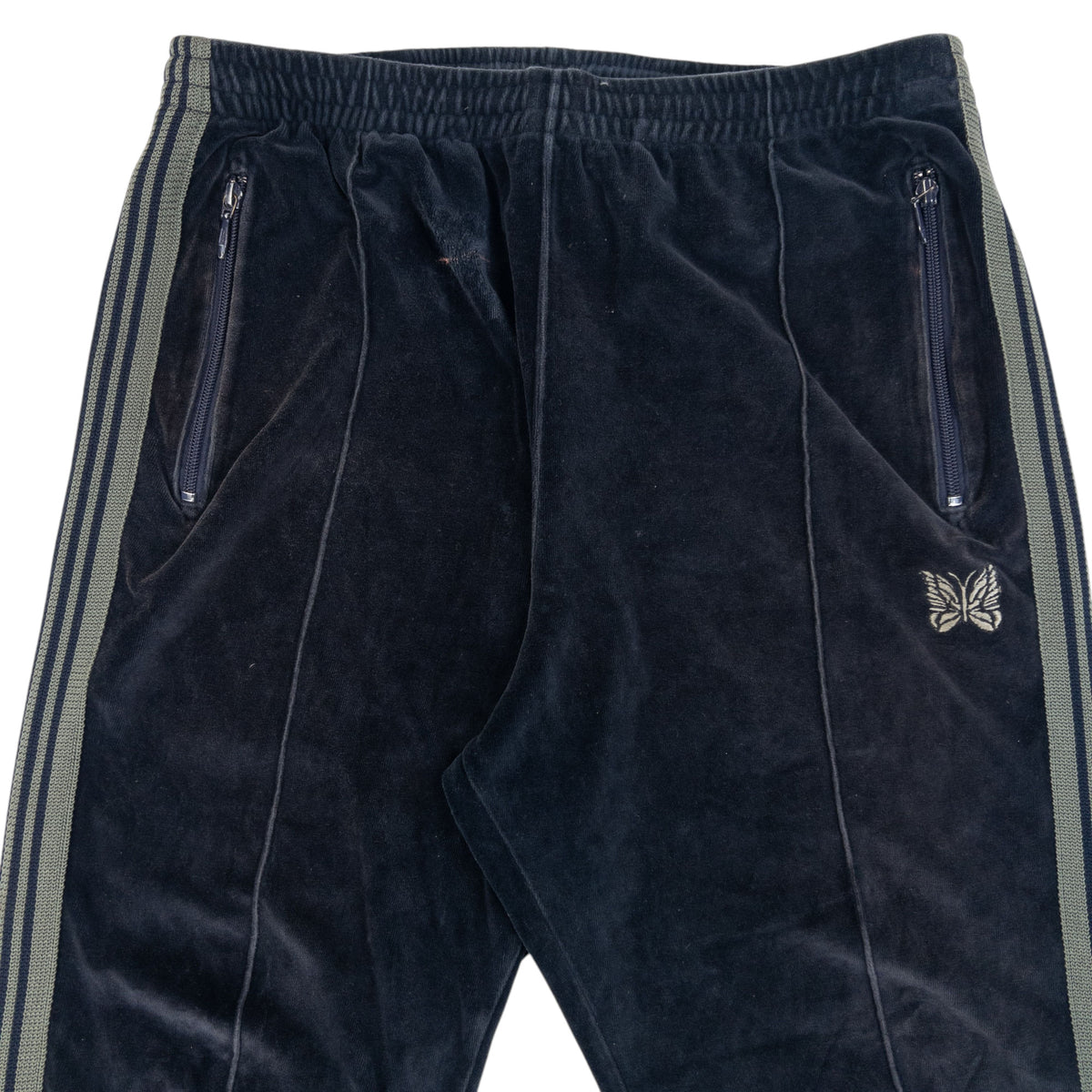 Needles Embroidered Velour Joggers in navy, side stripe pattern