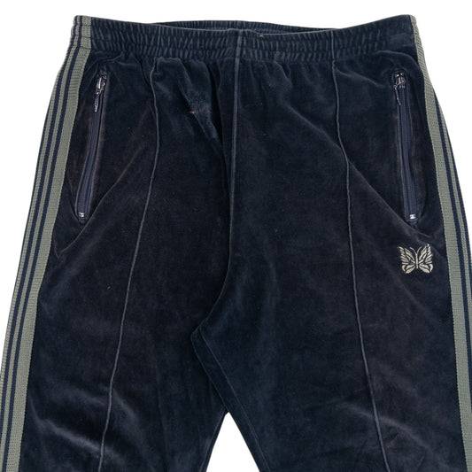 Needles Embroidered Velour Joggers in navy, side stripe pattern