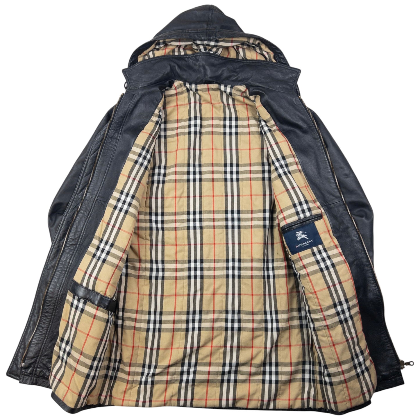 Vintage 2000s Burberry Nova Check Lined Leather Duffle Jacket Size M
