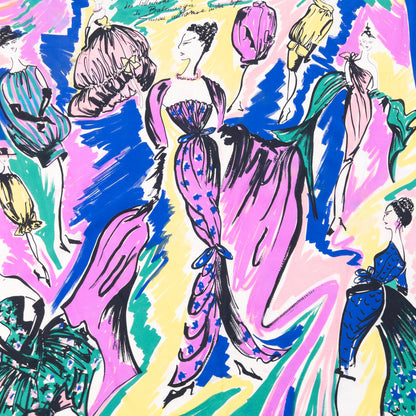 Vintage 90s Balenciaga Paris Musees Illustrated Silk Scarf in blue, photo 5