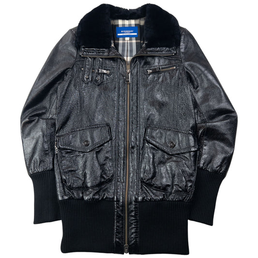 Vintage 2000s Burberry Fur Collar Nova Check Lined Leather Jacket Womens Size L