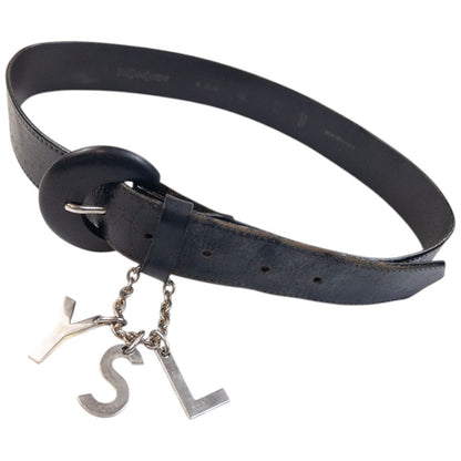 Vintage 2000s YSL Yves Saint Laurent Charm Leather Belt in black, silver charm logo accessory