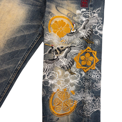 Vintage J950 Embroidered Crane Japanese Denim Jeans Size W29